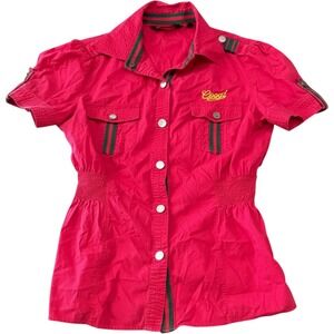 Coogi Red Utility Top Womens Medium Y2K Short Sleeve Smocked Button Shirt Retro